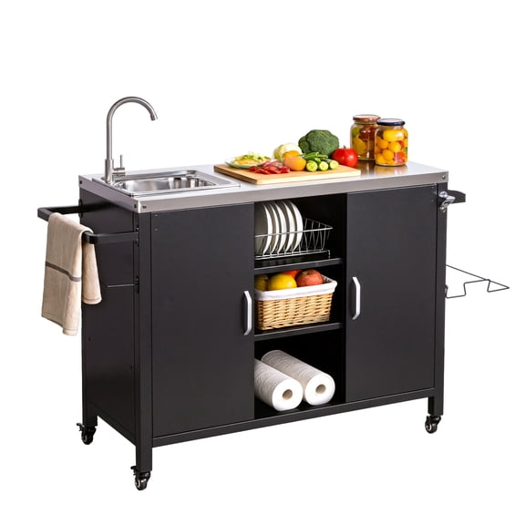 Ktaxon Grill Cart Table with Sink,Outdoor Cooking Kitchen Cabinets for BBQ Grill Prep Table,Movable AllinOne Outdoor Cooking Command Center