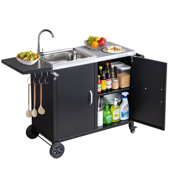 Ktaxon Grill Cart Table with Sink,Outdoor Cooking Kitchen Cabinets for BBQ Grill Prep Table Movable Food