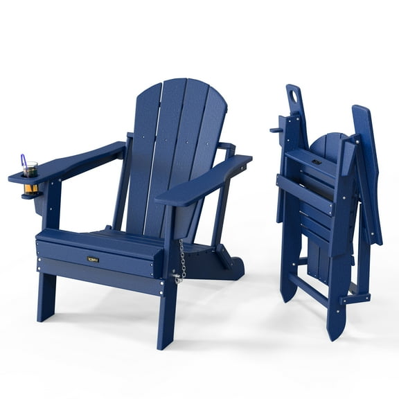 Ktaxon HDPE Adirondack Chairs, Folding & Cup Holder Adirondack Chairs, All Weather Waterproof for Outdoor Patio Garden Pool Lawn Firepit (Blue)
