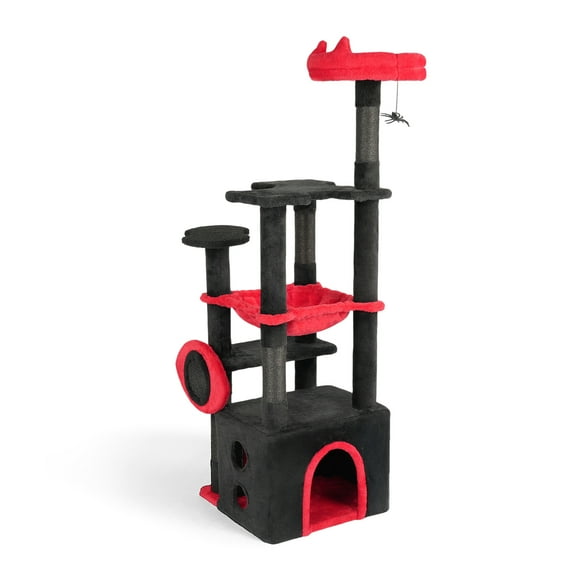 Ktaxon Halloween Cat Tree 5-Tier with Scratching Posts, Cave Bed & Eyes Design, 135cm Tall, Black Red