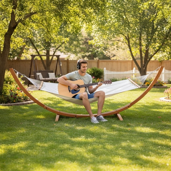 Ktaxon Hammock Bed with Stand, Heavy Duty Teak Frame & 600LB Capacity, Weather-Resistant Polyester