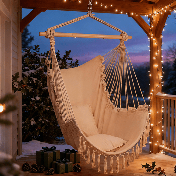 Ktaxon Hammock Chair Hanging Rope Swing Seat with 2 Cushions Perfect for Indoor Outdoor-Beige