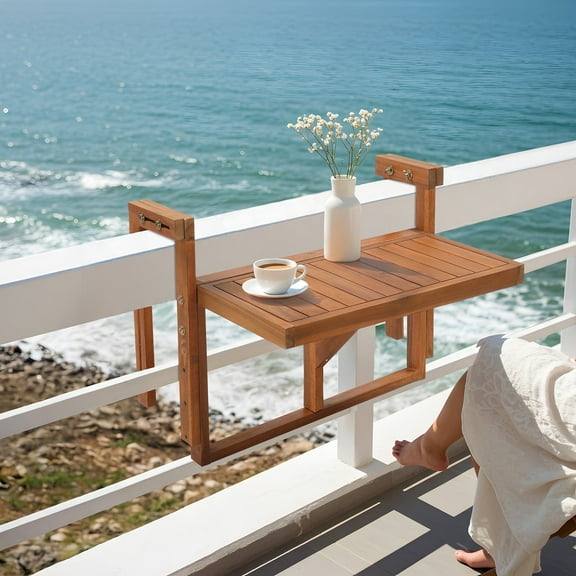 Ktaxon Hanging Deck Table, Adjustable Acacia Wood Folding Balcony Railing Table, Multifunctional Waterproof Bar Table for Patio Garden Baluster Windows, Rectangular