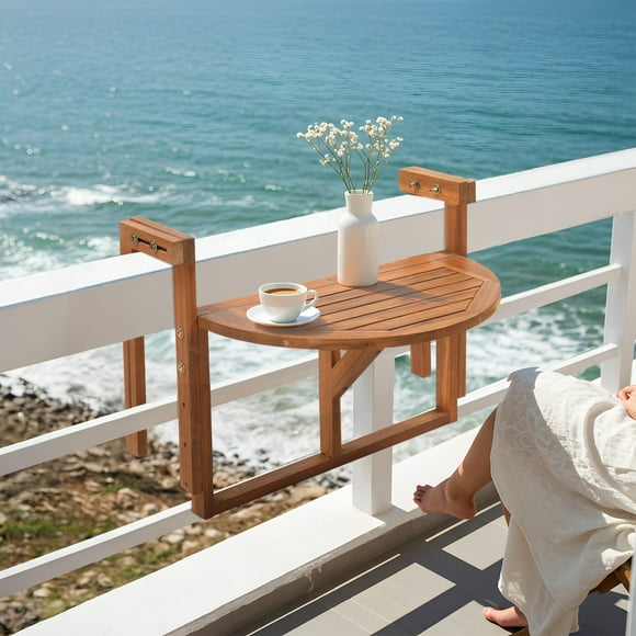 Ktaxon Hanging Deck Table, Adjustable Acacia Wood Folding Balcony Railing Table, Multifunctional Waterproof Bar Table for Patio Garden Baluster Windows, Semicircular