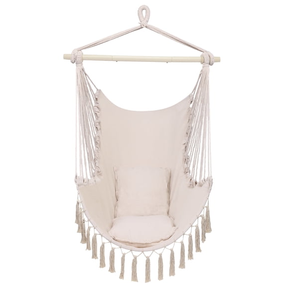Ktaxon Hanging Hammock Chair with 2 Cushions, Anti-Slip Spreader Bar for Indoor & Outdoor, Beige