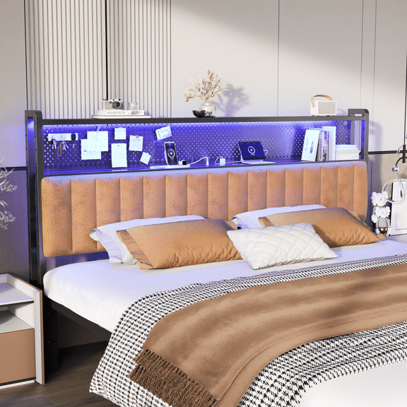 Ktaxon Headboard for King Size Bed with Pegboards Storage, Upholstered Headboard with Charing Station & LED Lights, Height Adjutable, Brown