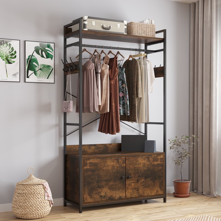 87 Tall Heavy Duty Clothes Rack with Shelves, Freestanding Open Wardrobe,Garment  Rack with Shelves,Closet Racks for Hanging Clothes,Closet Organizers and  Storage,Rustic Brown 