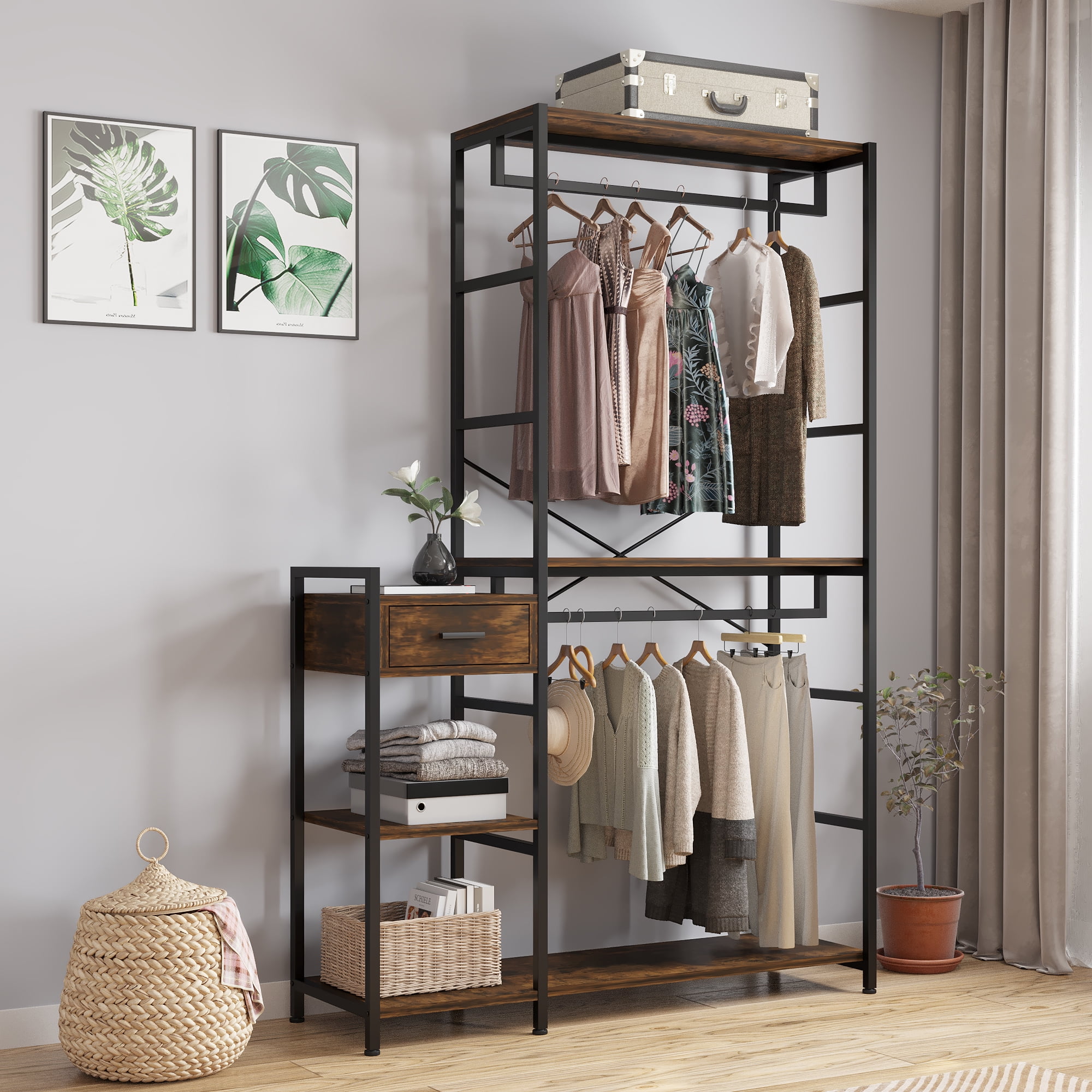 Ktaxon 2 Door Wardrobe Clothing Storage Cabinet Closet Organizer with 1  Large Drawer, 6 Shelves, 1 Coat Hanger for Bedroom White 