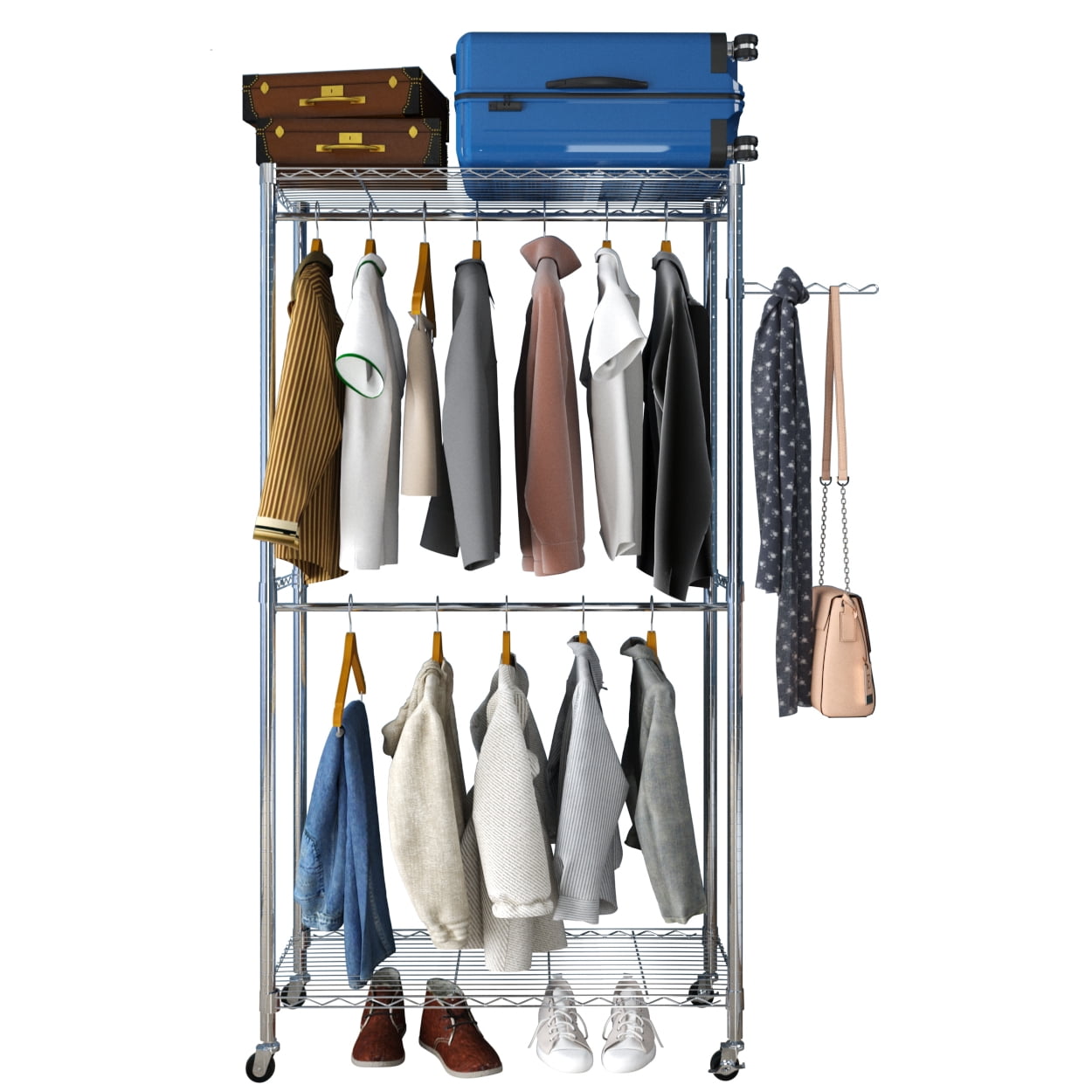 MISSLO Short Garment Clothes Rack with Wheels and Bottom Storage Shelves  Heavy Duty Rolling Metal Hanging Clothes Rail for Kids, Adult Coat, Closet,  Wardrobe 