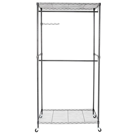 Ktaxon Heavy Duty Rolling Garment Rack Portable Double Hanging Rod Clothing Rack with Adjustable Shelves 2-Tier Closet Storage Organizer Unit Silver