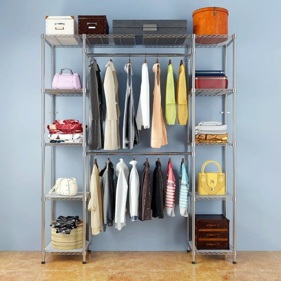 Ktaxon Heavy Duty Wire Garment Rack, Expandable Closet System Organizer Space Saving, Freestanding Portable Wardrobe Large Clothing Rack, Adjustable Height of Shelves, Hanging-rods and Width