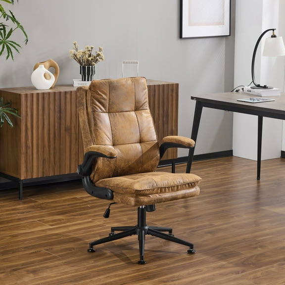 Ktaxon Swivel Office Chair – Desk Chair with Wheels, Flip-Up Armrests Brown