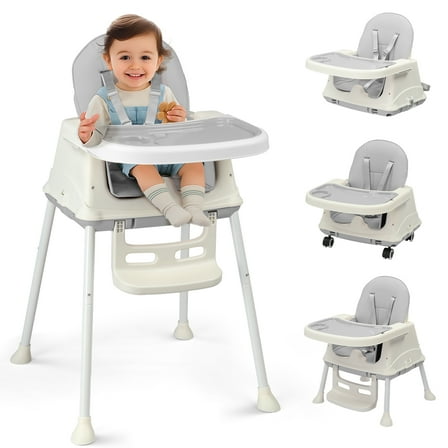Ktaxon Baby High Chair, Convertible 6 in 1 High Chairs for Babies and Toddlers, Baby Highchair with 5-Point Safety Harness, Adjustable Height & Dining Tray, Gray