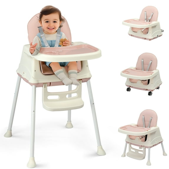 Ktaxon Baby High Chair, Convertible 6 in 1 High Chairs for Babies and Toddlers, Baby Highchair with 5-Point Safety Harness, Adjustable Height & Dining Tray, Pink
