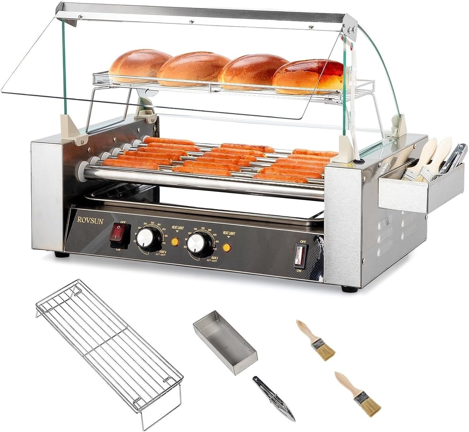 Ktaxon Hot Dog Roller 1050W, 7 Rollers 18 Hot Dog Roller Grill Cooker Machine w/Dual Temp Control, Cover, LED Lighting
