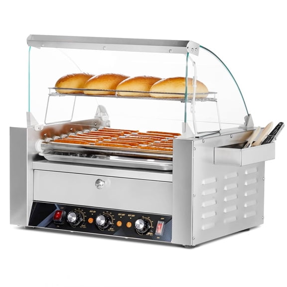 Ktaxon Hot Dog Roller Warmer 1500W, 9 Rollers 24 Hot Dog Roller Grill Cooker Machine w/Bun Warmer, Cover, Dual Temp Control, LED Light, Removable Shelf & Drip Tray for Party Home Commercial