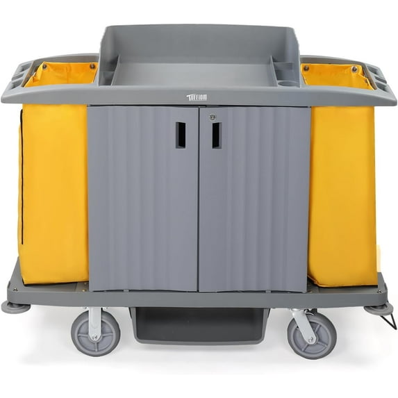 Ktaxon Industrial Multifunctional Locking Hotel Cart,Commercial Traditional Cleaning Janitorial Room Service Housekeeping Cart, 51" H x 59" W x 20" D,Grey