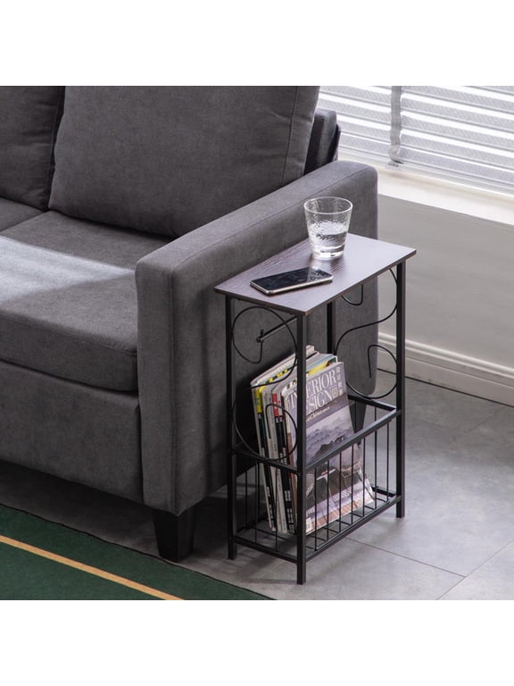 Modern Side Table, End Telephone Table with 2-Tier Mesh Shelves, Sofaside Table for Office Hallway or Living Room, Wood Look Accent Furniture with Metal Frame