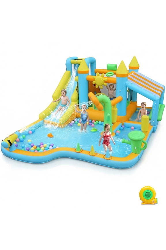 9-in-1 Inflatable Water Slide Bounce House with Blower, 189" x 161" x 85", Flower & Watering Can Fun Water Park, Pretend Playhouse Area for Kids Backyard