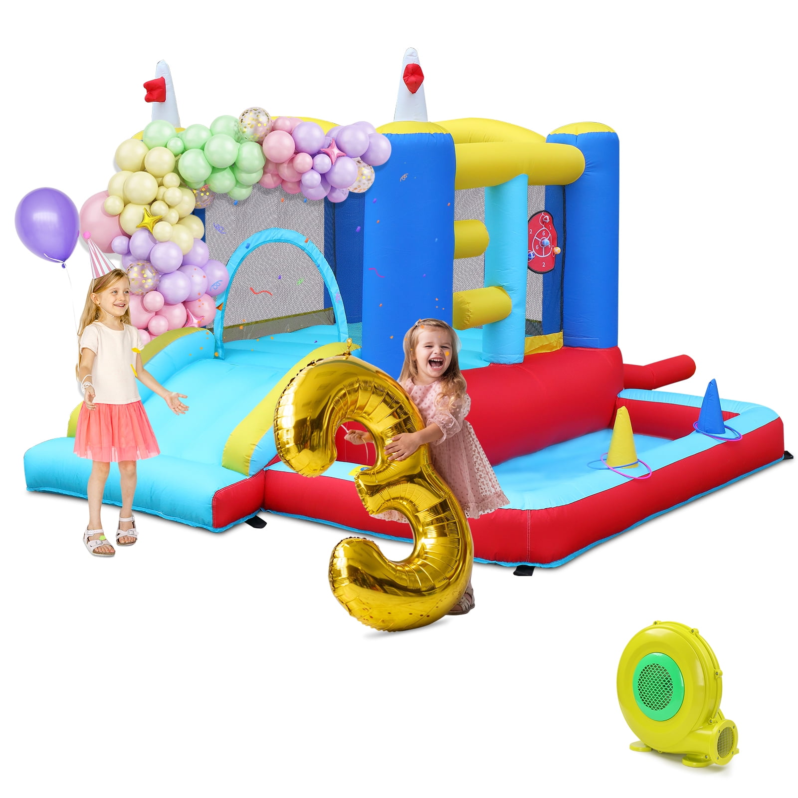 Ktaxon Inflatable Bounce House with Blower for Kids 3+, Indoor & Outdoor Bouncy Castle with Slide, Perfect for Birthday Parties, Backyard, Lawn