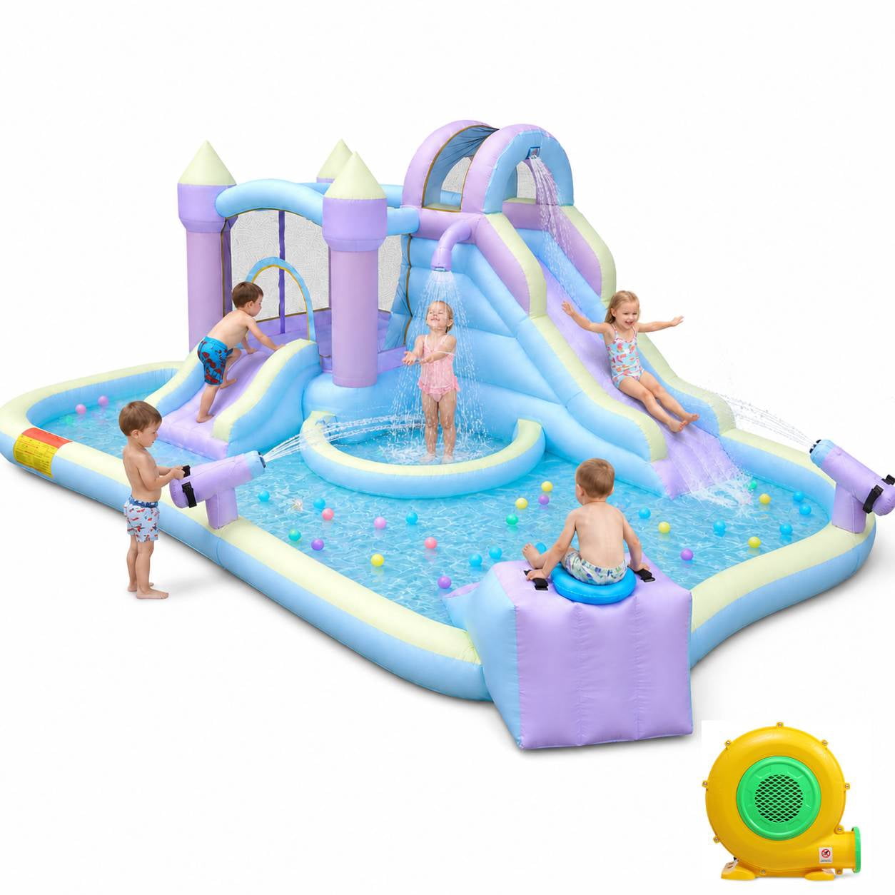 Ktaxon 7-in-1 Inflatable Water Slide Bounce House with Blower, 217" x 138" x 83", Mini Surf Zone Water Park w/ Bounce Area & Shower Spray Cooling Area, Kids Backyard