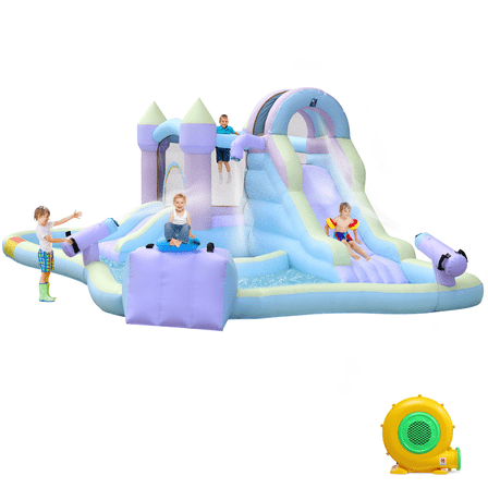 Ktaxon 7-in-1 Inflatable Water Slide Bounce House with Blower, Shower Spray Water Park, Surfboard Slide & Splash Pool for Kids Backyard