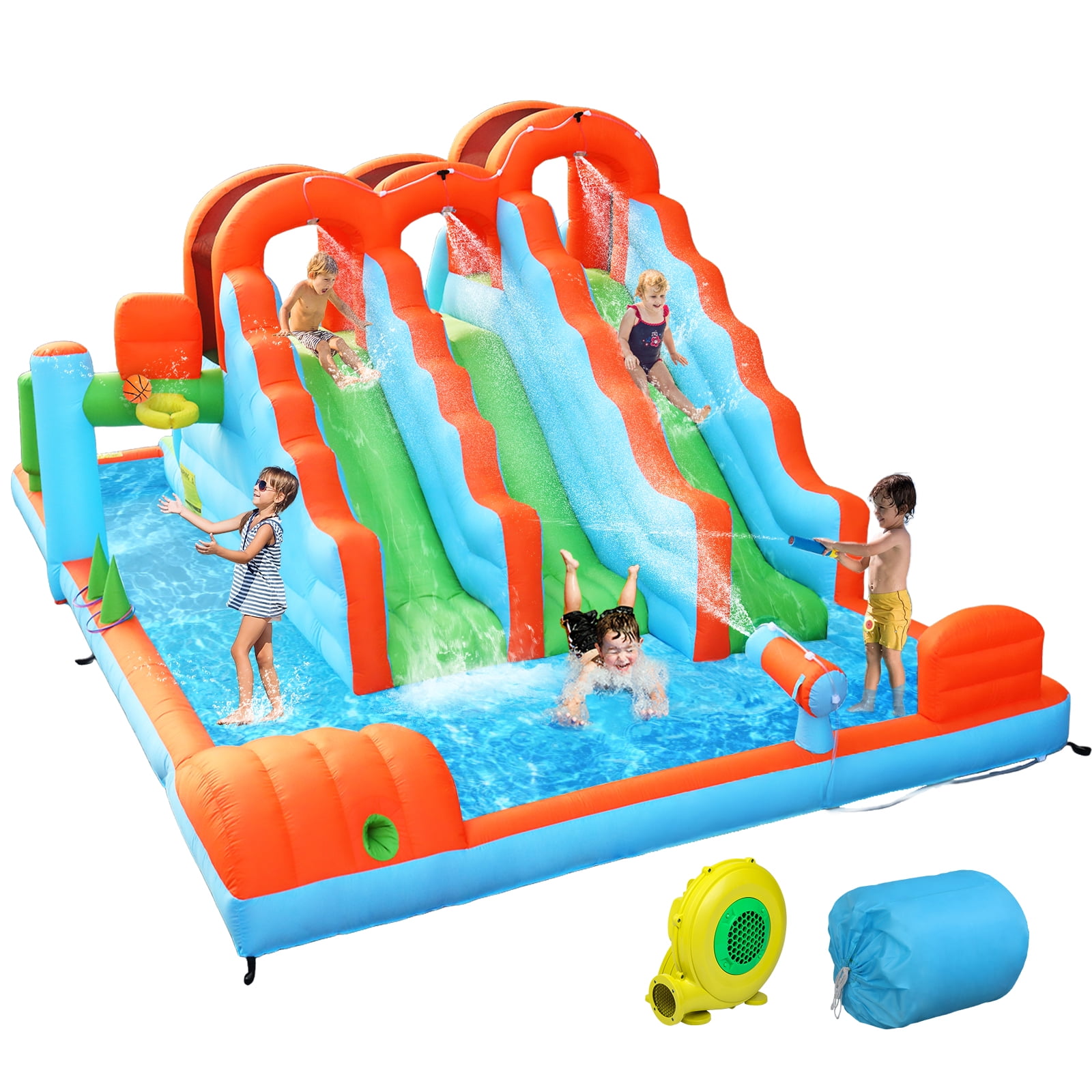 Ktaxon Inflatable Bounce House with Triple Slides and Upgraded Climbing Wall, Water Slide Bounce House with Blower, Inflatable Water Slide Park for Party, Backyard, Lawn