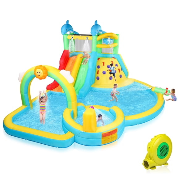 Ktaxon Inflatable Bounce House with Water Bucket, Rainbow Sprinklers, Water Slide Bounce House With Blower, Inflatable Water Slide Park for Party, Backyard, Lawn