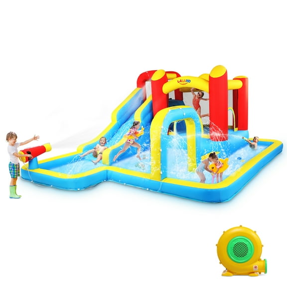 Ktaxon 7-in-1 Inflatable Water Slide Bounce House with Blower, Long Slide Water Park, Bounce Area & Archway Sprayer for Kids Backyard