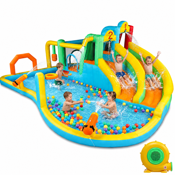 Ktaxon 9-in-1 Inflatable Water Slide Bounce House with Blower, 250" x 158" x 91", Dual Slides Water Park w/ Bounce Area & Splash Pool, Kids Backyard