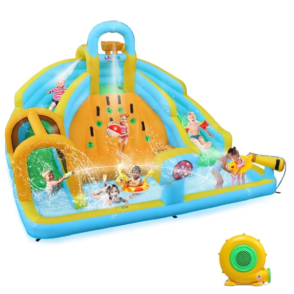 Ktaxon 7-in-1 Inflatable Water Slide Bounce House with Blower, Dual Slides Water Park, Large Climbing Wall & Basketball Hoop for Kids Backyard