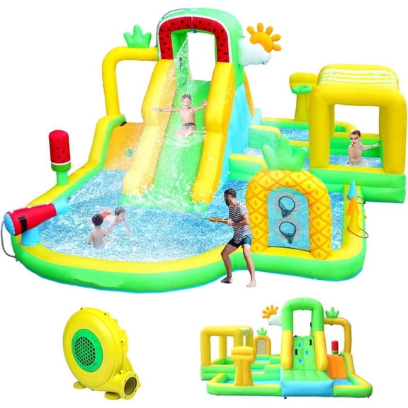 Ktaxon Inflatable Water Slide with Blower, Dual Slides, Shaded Splash Pool, Fruit Theme Water Slide for Kids 3-8