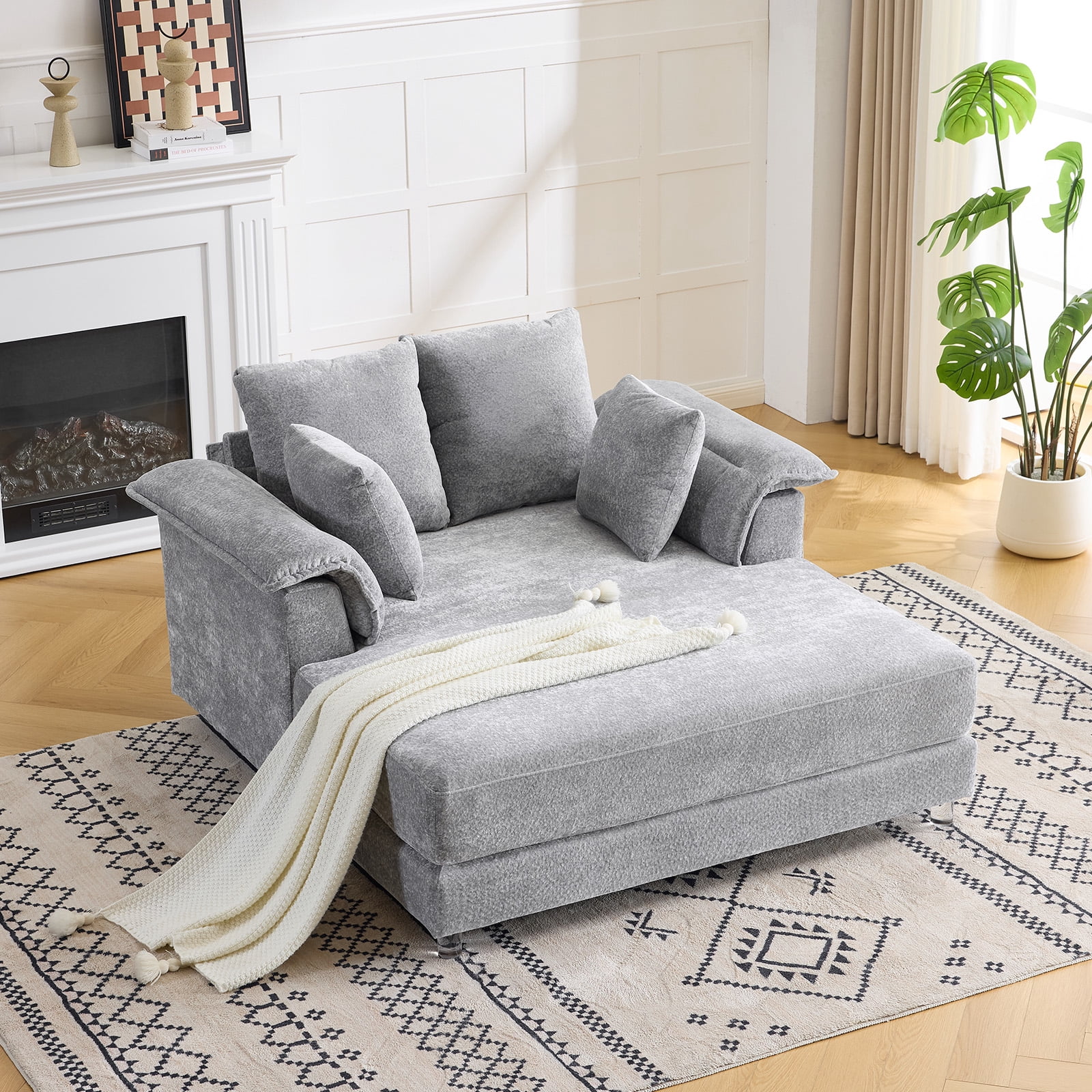 Ktaxon Jacquard Plush Fabric Chaise Lounge, Sofa Bed with Acrylic Legs, Floating Sleeper with Pillow Armrest, 2-Person Seating for Living Room & Game Room Blue-Gray