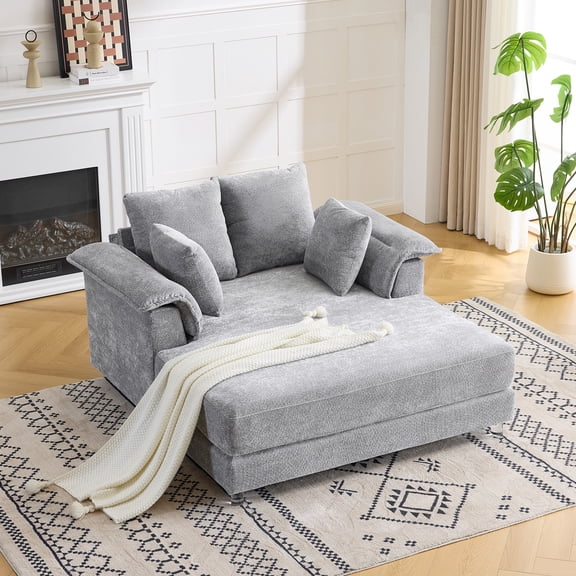 Ktaxon Jacquard Plush Fabric Chaise Lounge, Sofa Bed with Acrylic Legs, Floating Sleeper with Pillow Armrest, 2-Person Seating for Living Room & Game Room Blue-Gray