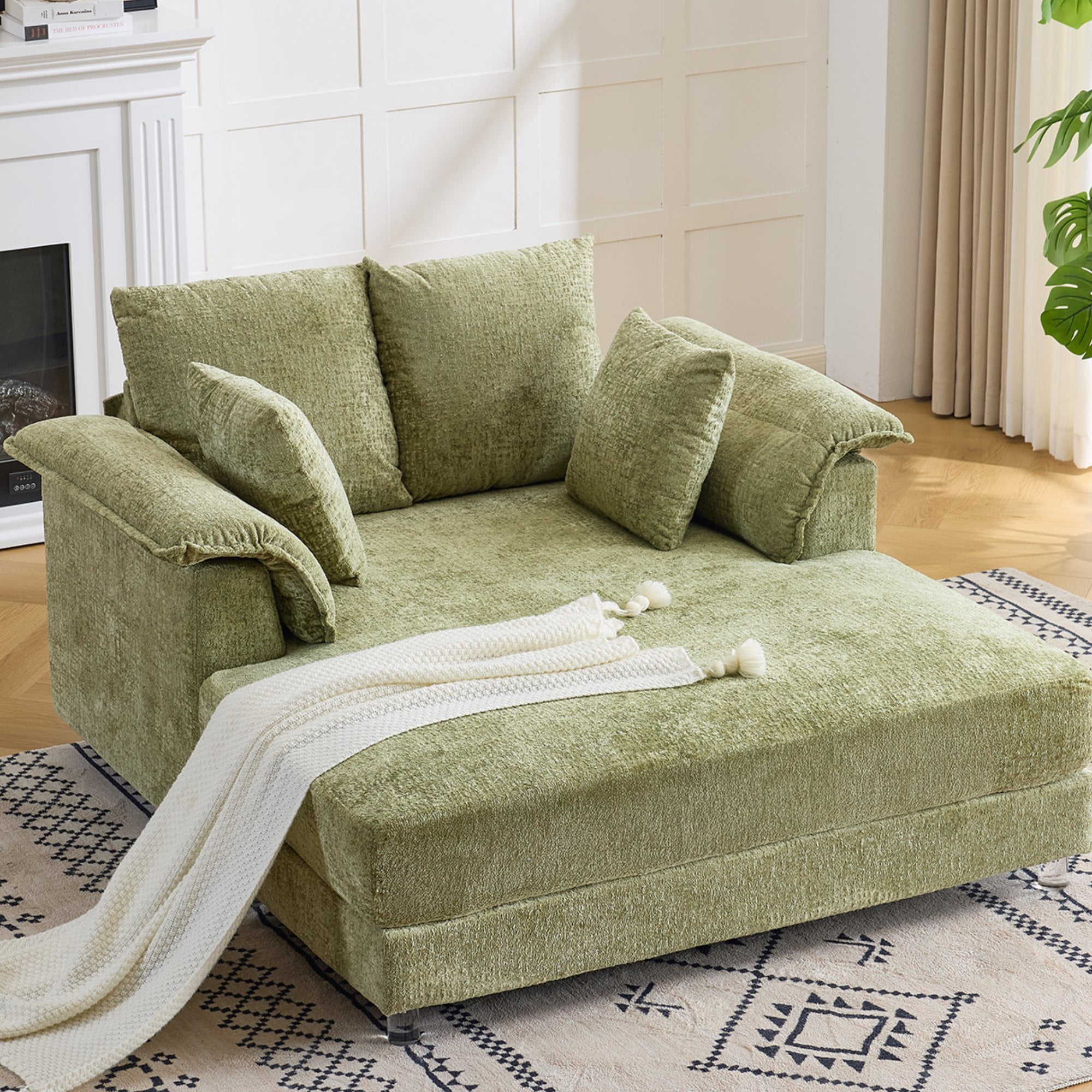 Ktaxon Jacquard Plush Fabric Chaise Lounge, Sofa Bed with Acrylic Legs, Floating Sleeper with Pillow Armrest, 2-Person Seating for Living Room & Game Room Green