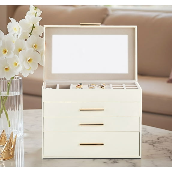 Ktaxon Jewelry Box with Mirror, 3 Drawers Jewelry Storage Case Accessory Organizer, Gift, White