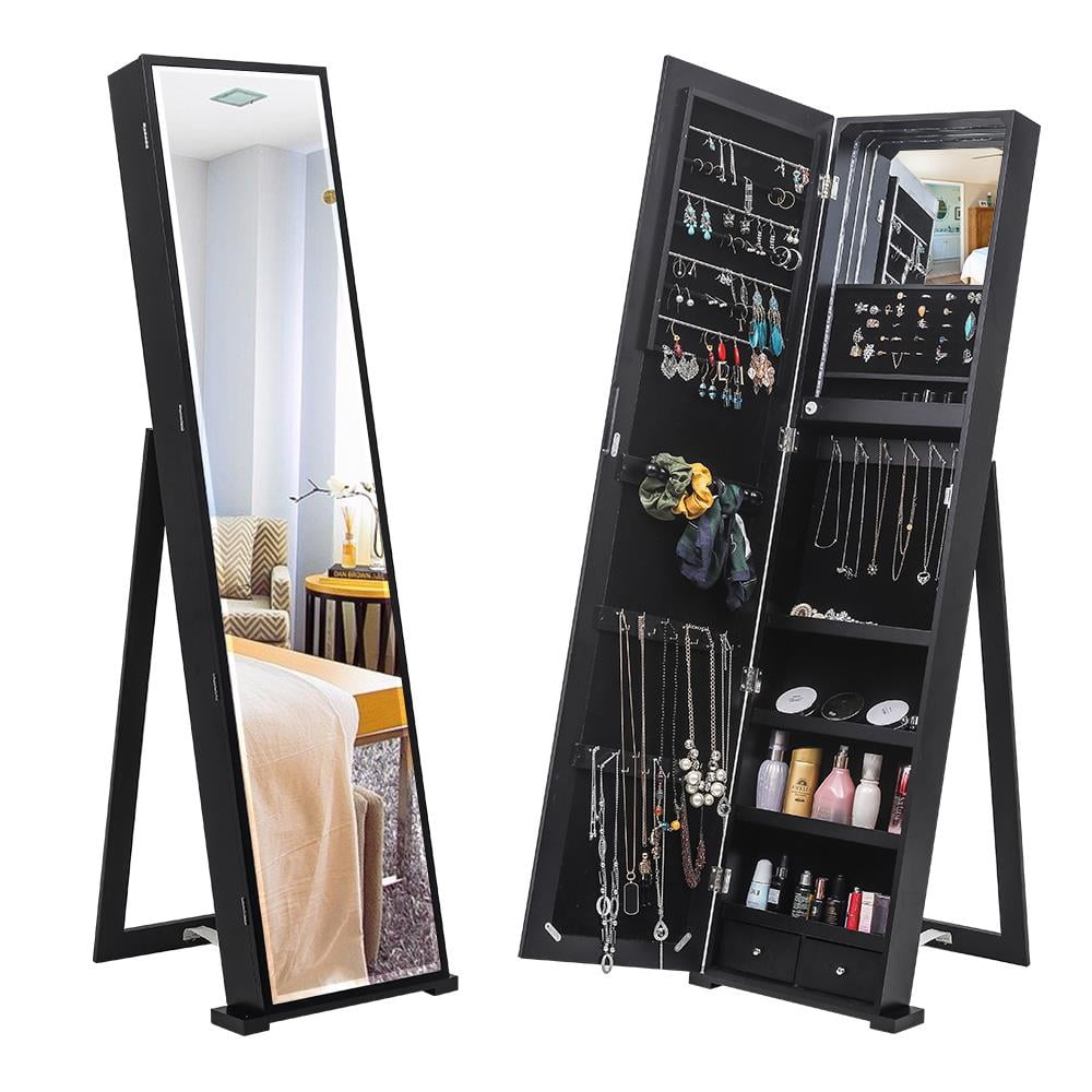 Black Painted MDF Freestanding Jewelry Armoire with Mirror
