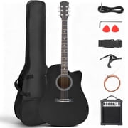 Ktaxon KMA104 41 Inch Dreadnought Cutaway Acoustic Guitar with Built-in EQ &15W Speaker, Linden Wood Folk Guitar Full Accessory Kit for Beginners, Matte Black
