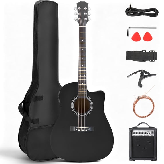 Ktaxon KMA104 41 Inch Dreadnought Cutaway Acoustic Guitar with Built-in EQ &15W Speaker, Linden Wood Folk Guitar Full Accessory Kit for Beginners, Matte Black
