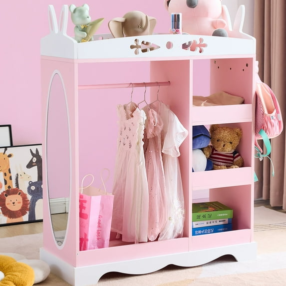 Ktaxon Kids Dress Up Storage Armoire Wardrobe Dresser Children Costume Organizer Portable Closet with Mirror & 3 Drawers for Bedroom Party Nursery, Pink