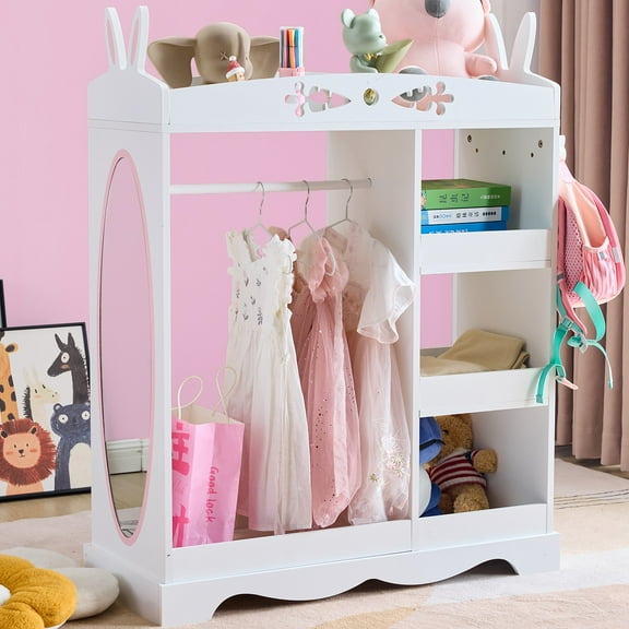 Ktaxon Kids Dress Up Storage Armoire Wardrobe Dresser Children Costume Organizer Portable Closet with Mirror & 3 Drawers for Bedroom Party Nursery, White