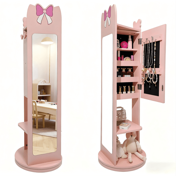 Ktaxon Kids Jewelry Armoire Cabinet, Freestand Jewelry Organizer with Full Length Mirror, 360° Swivel 3-in-1 Jewelry Cabinet for Girls, Pink