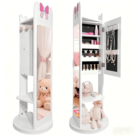 Ktaxon Kids Jewelry Armoire Cabinet, Freestand Jewelry Organizer with Full Length Mirror, 360° Swivel 3-in-1 Jewelry Cabinet for Girls, White