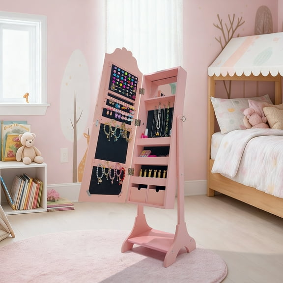 Ktaxon Kids Jewelry Armoire Cabinet, Standing Jewelry Organizer with Full Length Mirror, Large Storage Capacity, Ideal for Little Girls, Pink