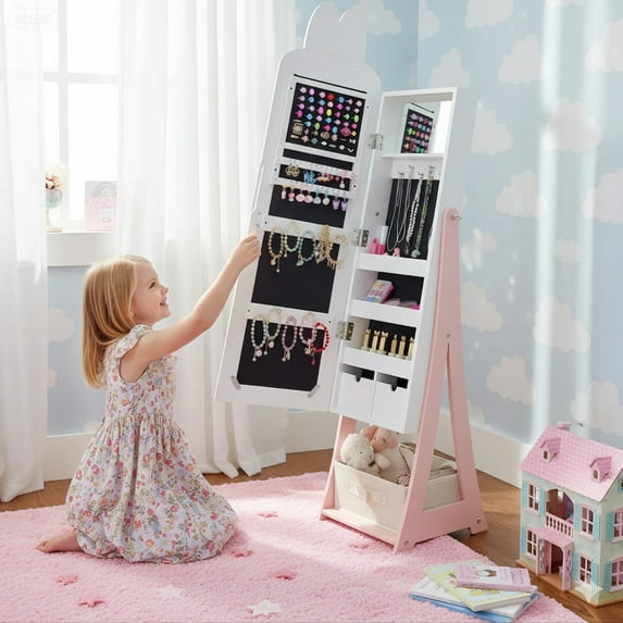 Ktaxon Kids Jewelry Armoire with Full-Length Mirror, Fabric Drawer, Freestanding Jewelry Cabinet & Vanity Organizer for Girls, White