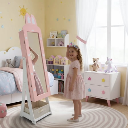 Ktaxon Kids Jewelry Armoire with Full-Length Mirror, Fabric Drawer, Freestanding Jewelry Cabinet & Vanity Organizer for Girls, Pink