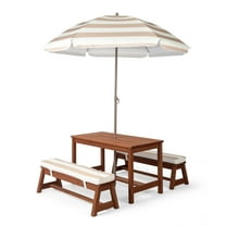 Ktaxon Kids Picnic Table, Child Wooden Table Set with Cushion & Romovable Umbrella, Children Activity Furniture Set for Indoor Outdoor, Gift for Boys Girls, Dark Brown
