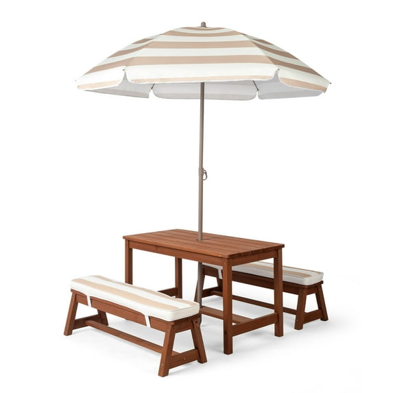 Ktaxon Kids Picnic Table, Child Wooden Table Set with Cushion & Romovable Umbrella, Children Activity Furniture Set for Indoor Outdoor, Gift for Boys Girls, Dark Brown