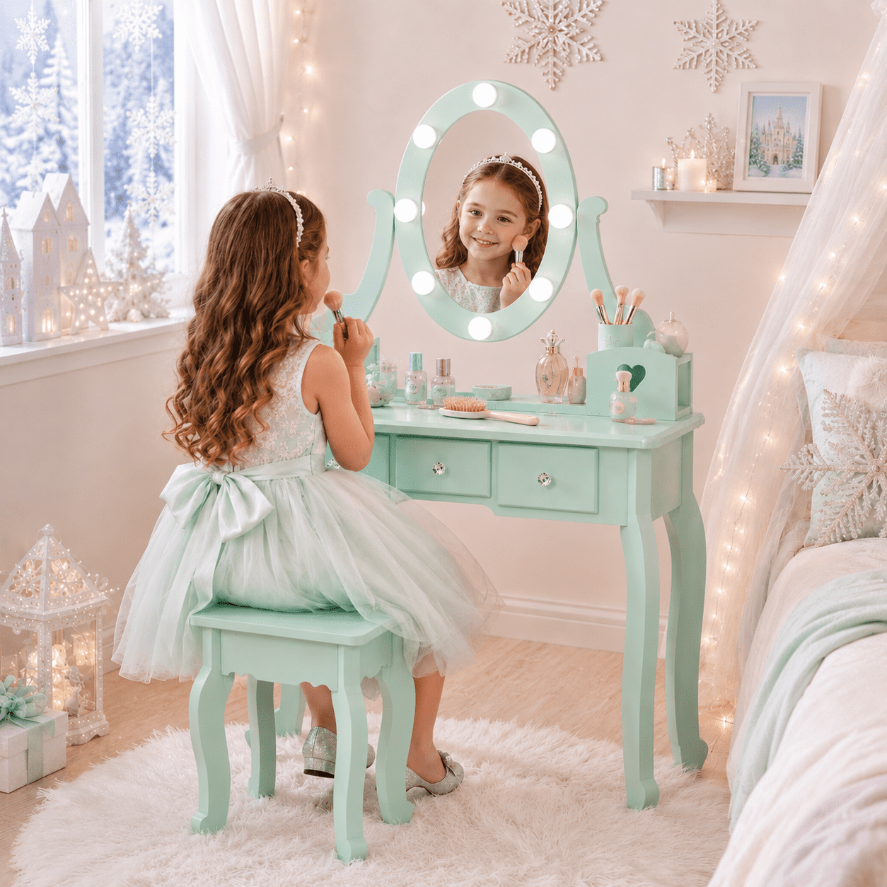 Ktaxon Kids Play Makeup Vanity Set with 3-Color Light, Girls Vanity Dresser Desk with Matching Stool, Light Green