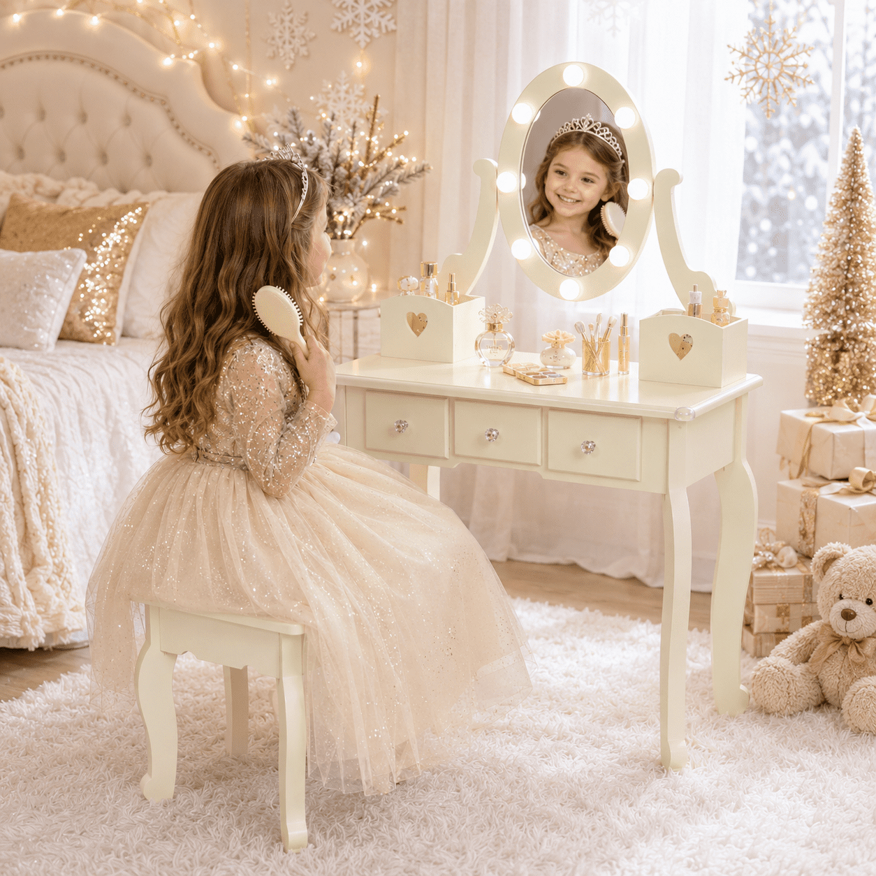 Ktaxon Kids Play Makeup Vanity Set with 3-Color Light, Girls Vanity Dresser Desk with Matching Stool, Light Yellow